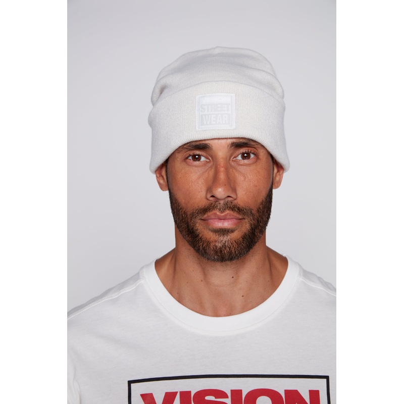 Cuffed Knitted Beanie With Large Logo Patch -BONE O/S