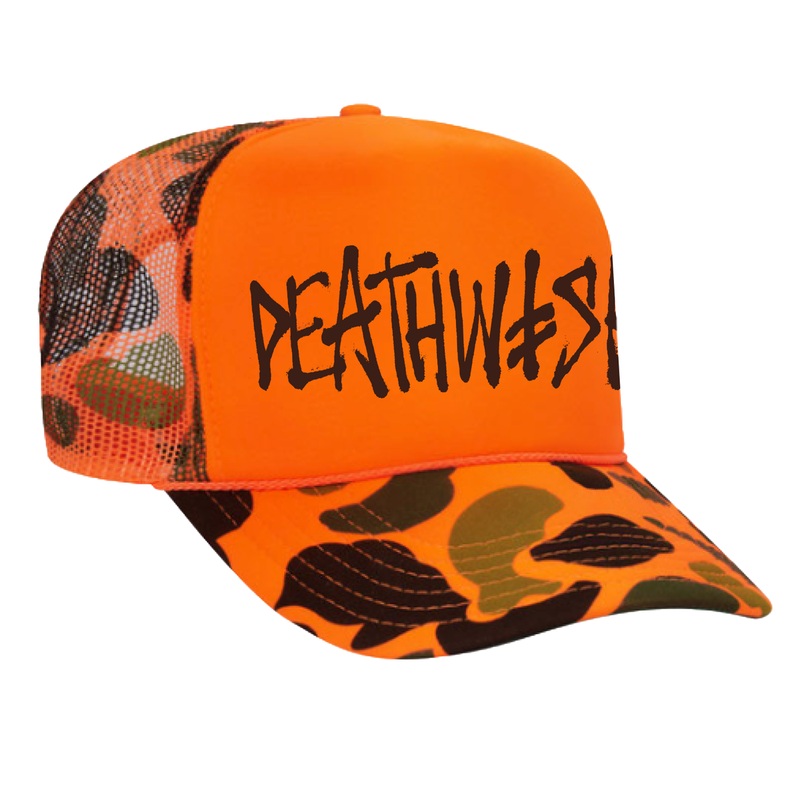 DEATHWISH – OG DEATHSPRAY ORANGE OPTION CAMO TRUCKER Black – Puff Print