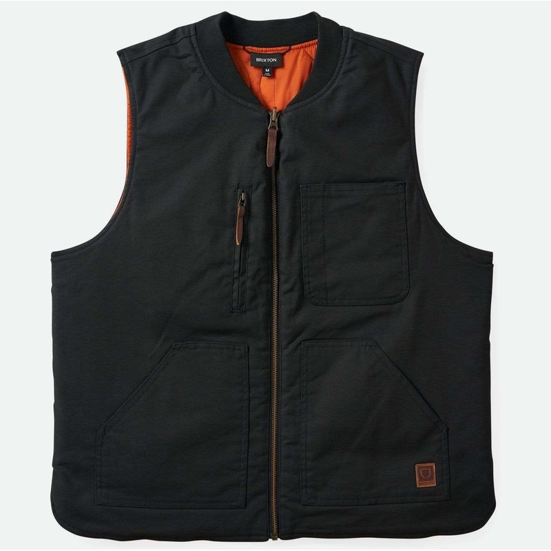 BRIXTON BUILDERS ABRAHAM REVERSIBLE VEST WASHED BLACK/RUST ORANGE MEDIUM