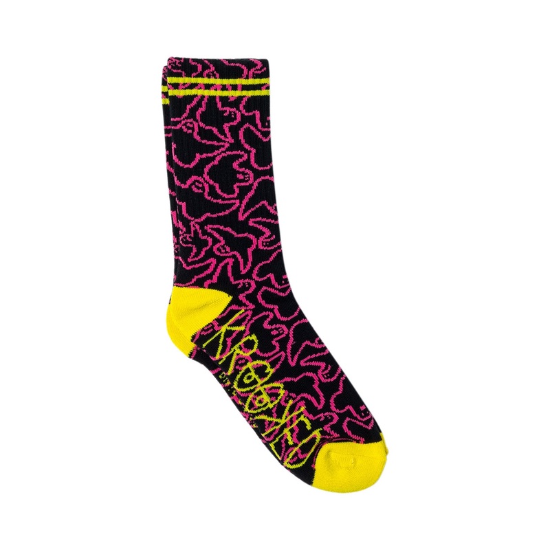 Krooked Multi Birds Socks O/S Black/Pink/Yellow