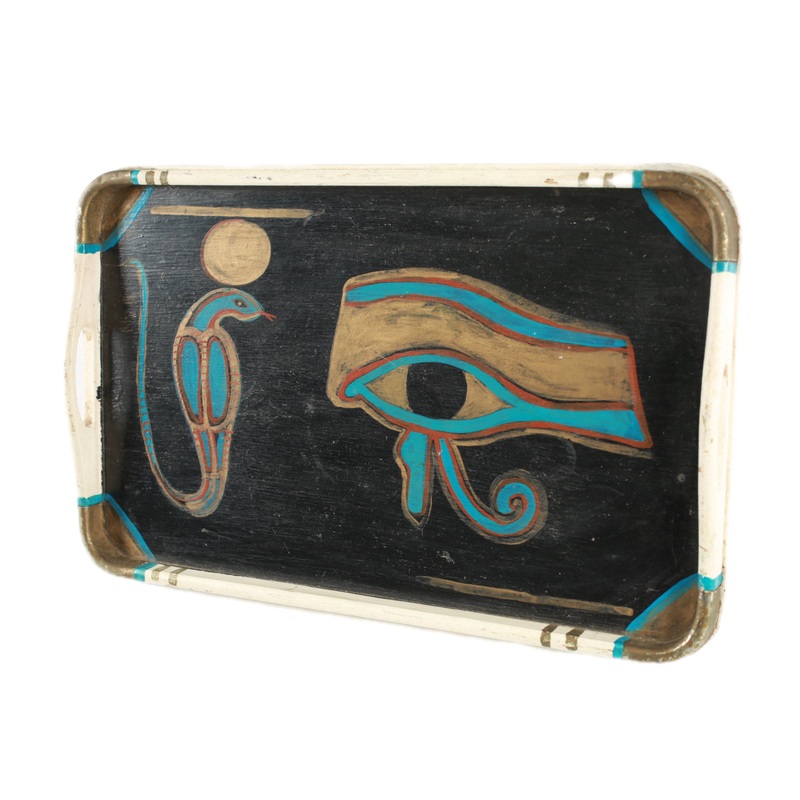 Vintage Egyptian Heiroglyphics Hand Painted Wood Rolling Tray