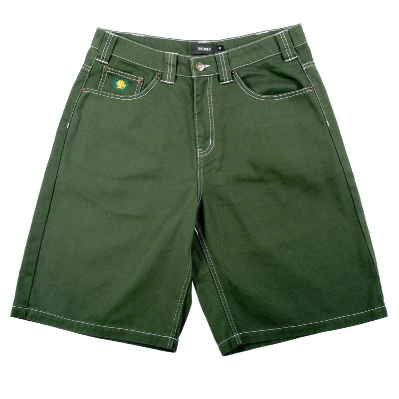Theories Plaza Denim Shorts Hunter Green Contrast Stitch 32″