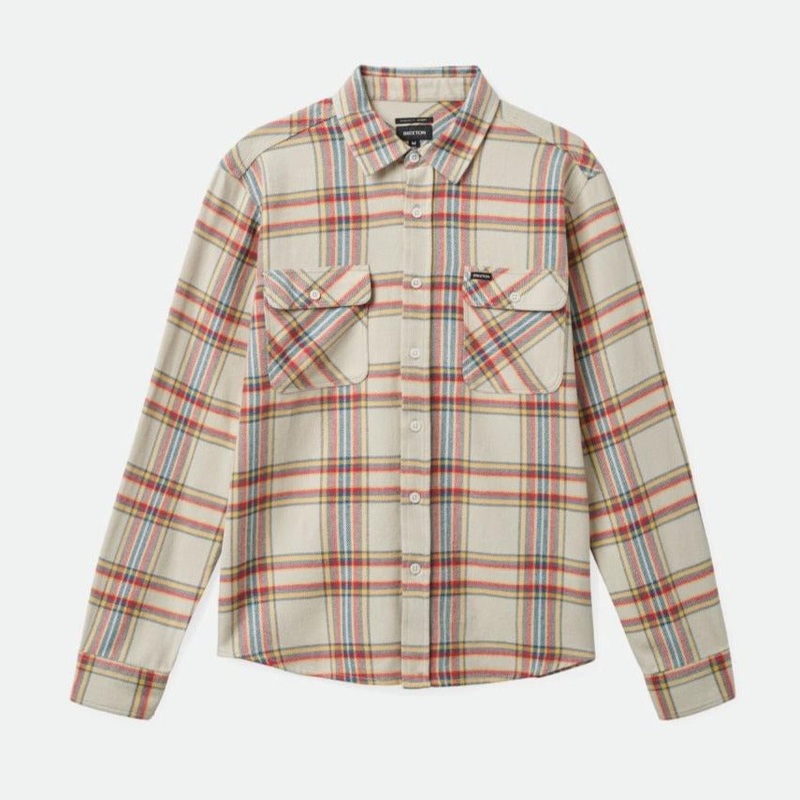 BRIXTON BOWERY L/S FLANNEL WHITE SMOKE/YELLOW/CASA RED SMALL
