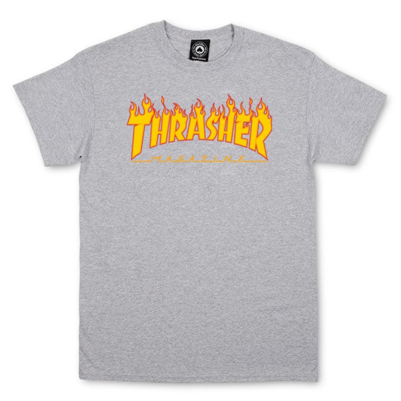 THRASHER FLAME LOGO T-SHIRT GREY SMALL