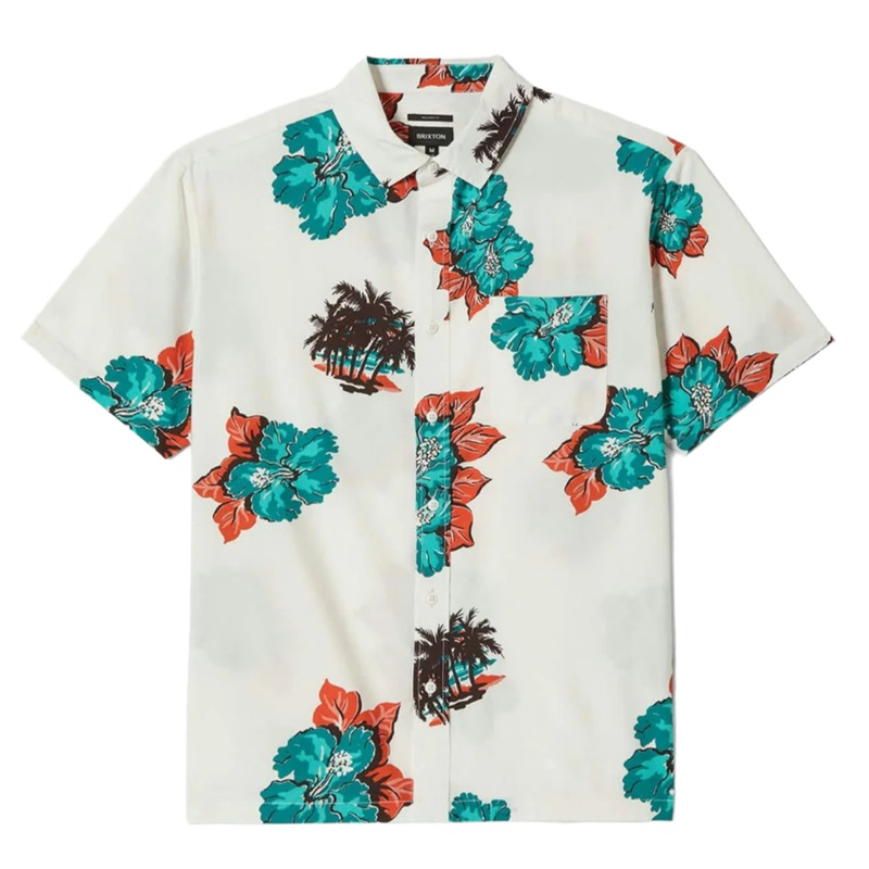 BRIXTON CRU S/S WOVEN PRINT OFF WHITE/AQUATIC GREEN FLORAL MEDIUM