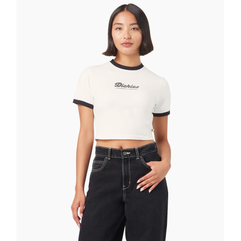 Dickies Womens Lewistown Cropped Ringer T-Shirt Egret SMALL