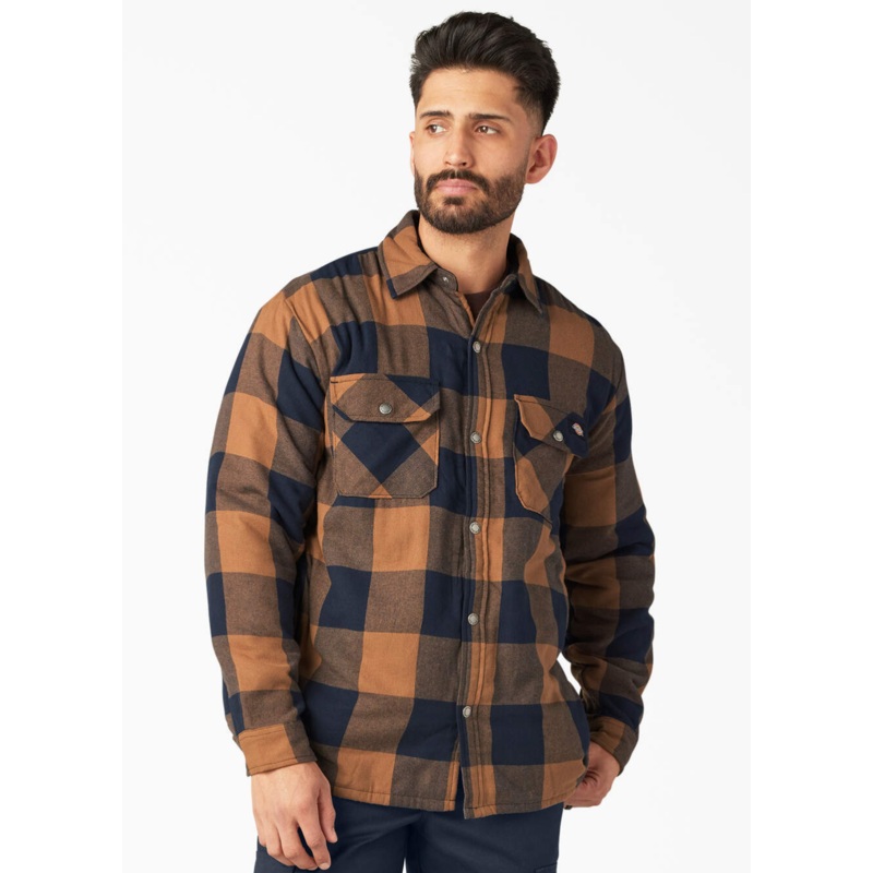 DICKIES Water Repellent Fleece-Lined Flannel Shirt Jacket – Brown Duck Medium
