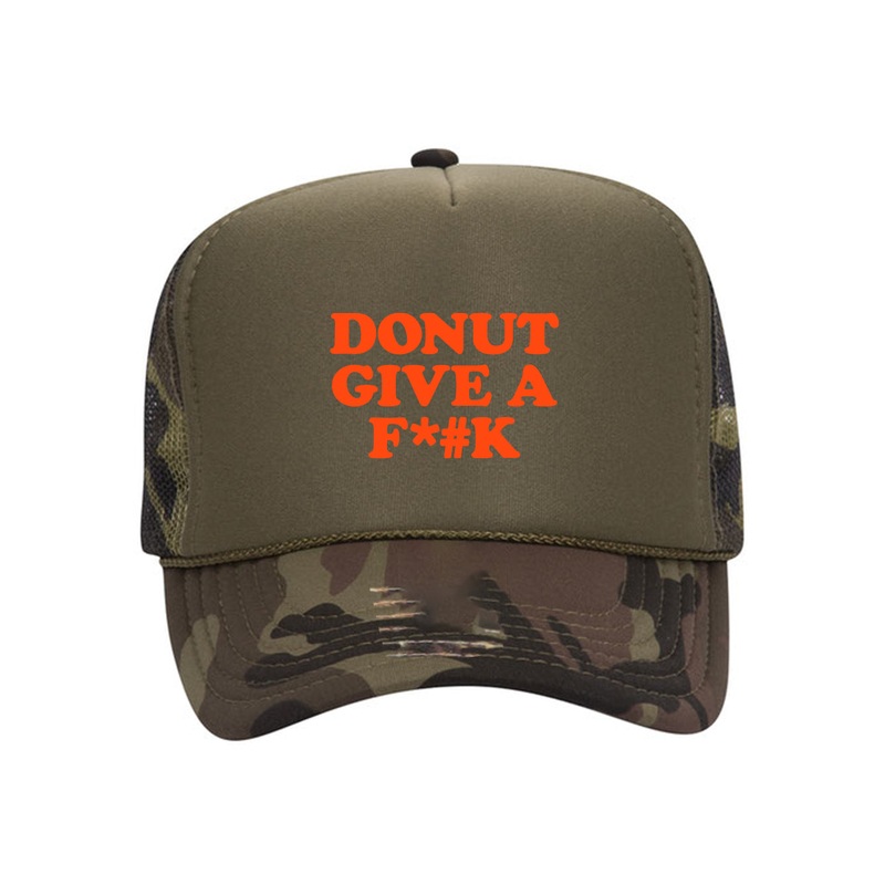 “DONUT GIVE A F*#K” DS TRUCKER HAT CAMO/ORANGE LOGO