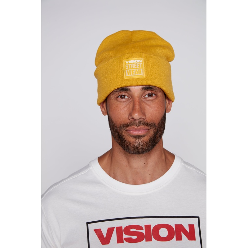 Cuffed Knitted Beanie With Large Logo Patch – MUSTARD O/S