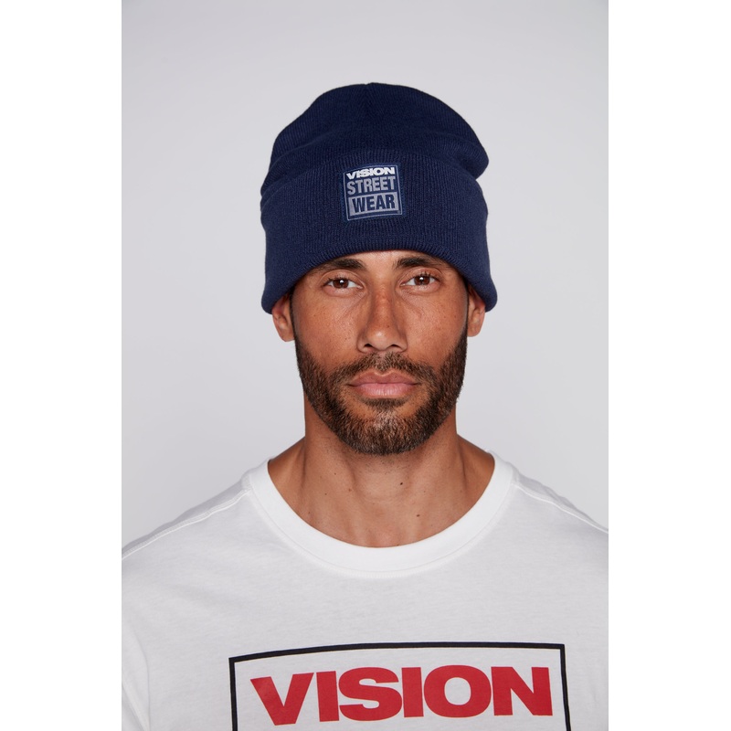Cuffed Knitted Beanie With Large Logo Patch – DEEP NAVY O/S