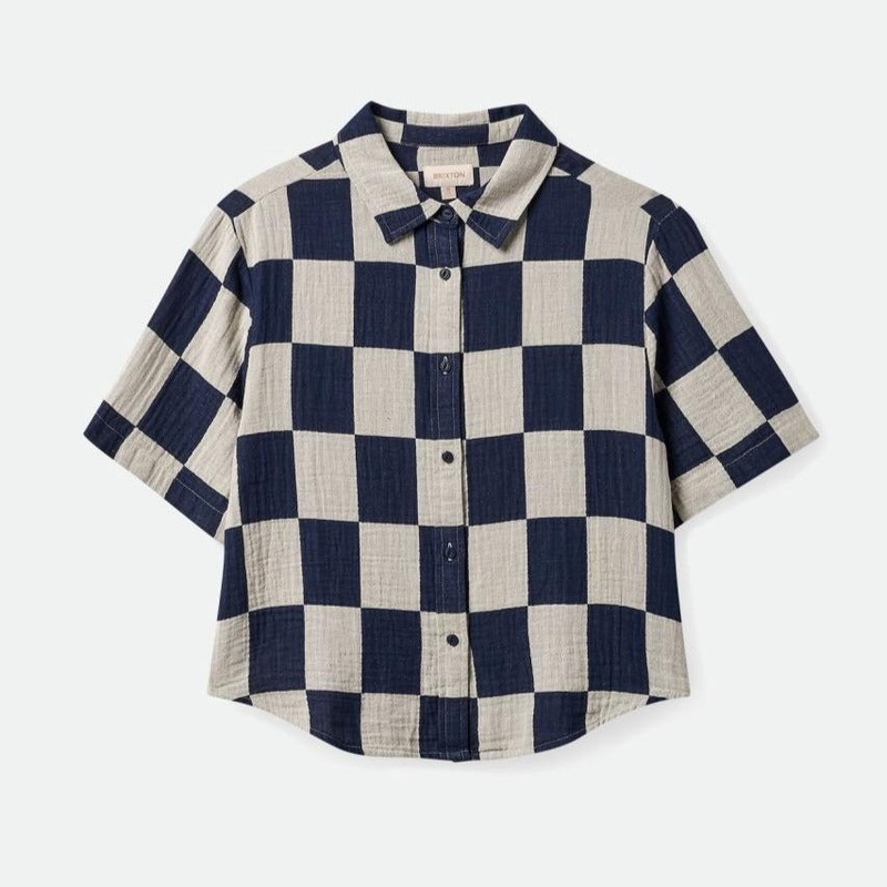 BRIXTON WOMENS MYKONOS BOXY S/S WOVEN WASHED NAVY SMALL