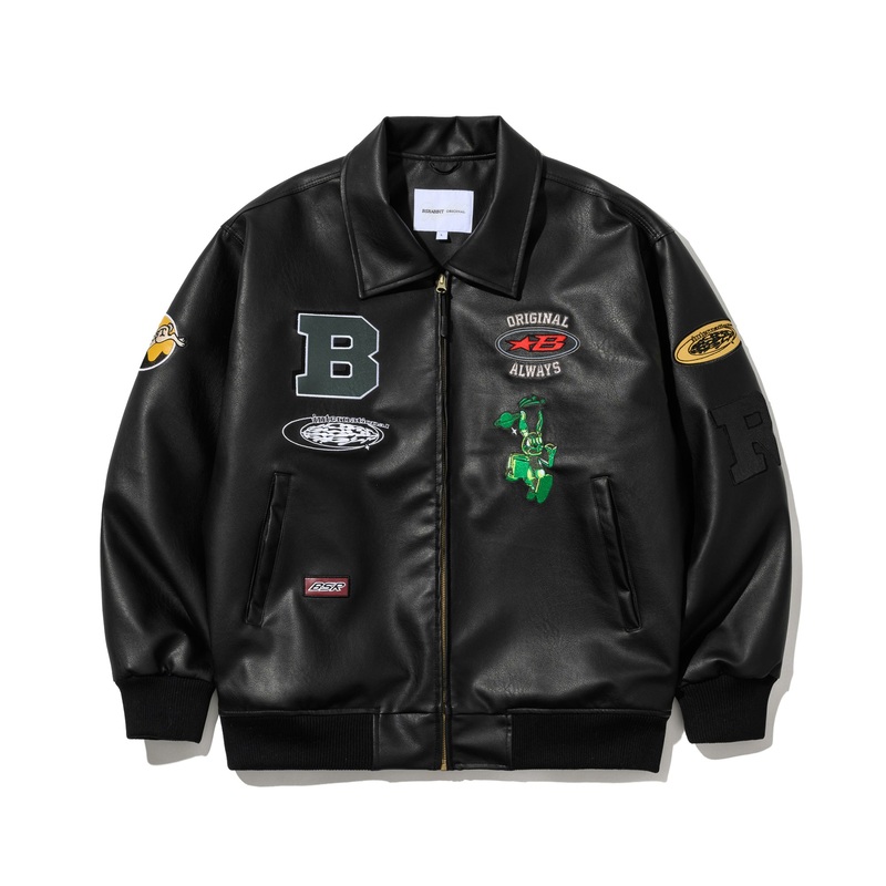 BSRabbit STAR B VARSITY JACKET VINTAGE LEATHER BLACK Medium