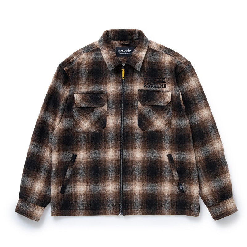 TOY MACHINE JAPAN SECT EYE PATCH PLAID CHECK ZIP JACKET BROWN MEDIUM