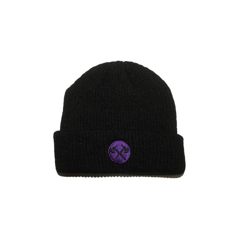Demolition Axes Cuff Beanie – Purple Embroidery On Black