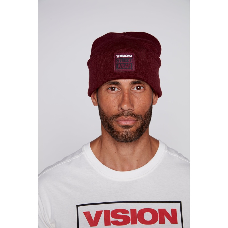 Cuffed Knitted Beanie With Large Logo Patch – OXBLOOD O/S
