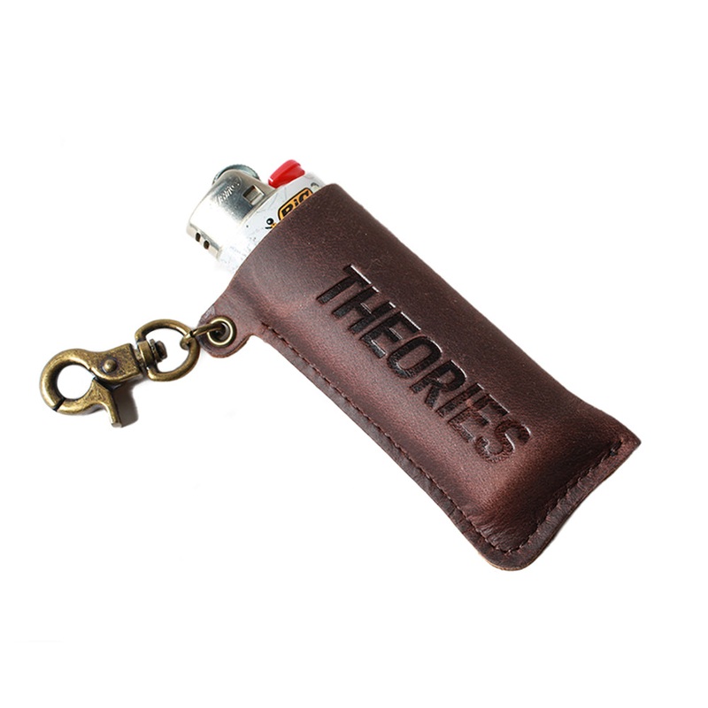 Theories Stamp Logo Embossed Genuine Leather Lighter Case Keychain Brown