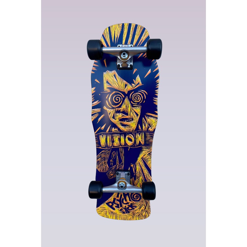 Original Psycho Stick Complete Skateboard – Woodcut Art by Sean Starwars – 10″x30″ – Blue/Yellow