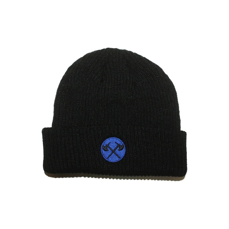 Demolition Axes Cuff Beanie – Royal Blue Embroidery On Black