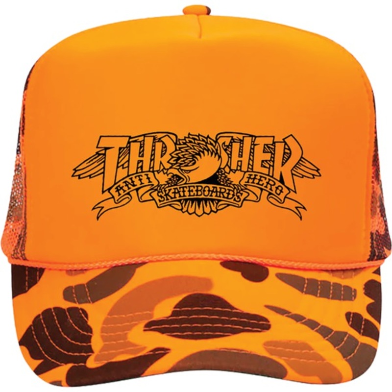 ANTIHERO X THRASHER MAG BANNER TRUCKER HAT ORANGE CAMO