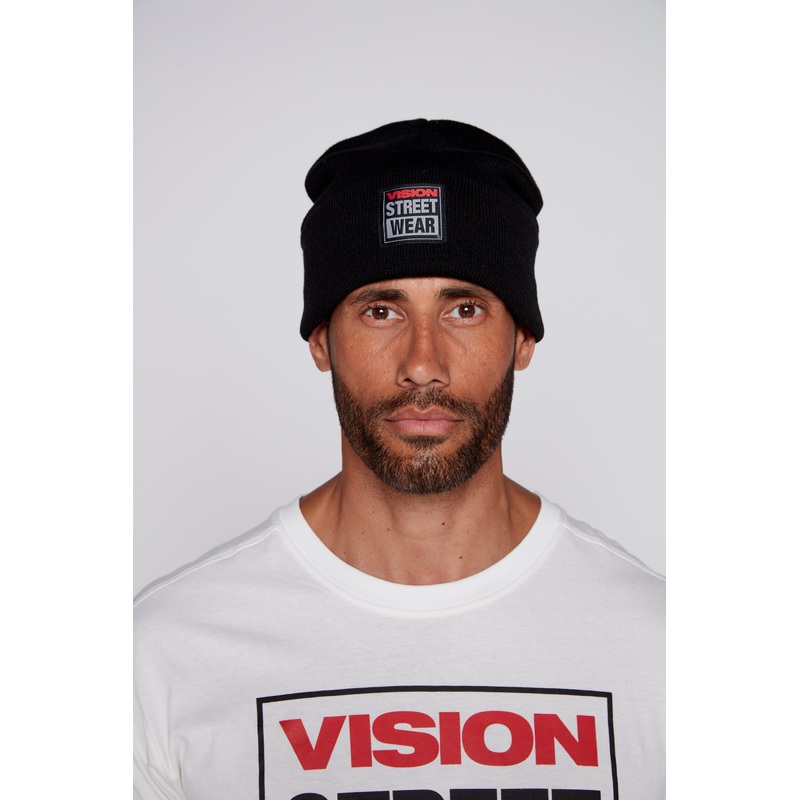 Cuffed Knitted Beanie With Large Logo Patch – BLACK O/S